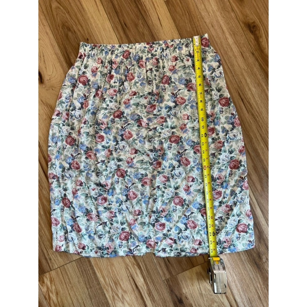 Vtg USA Made Wm 20 Floral Rayon Midi Skirt Rose Elastic Waist Cottage Granny 70s